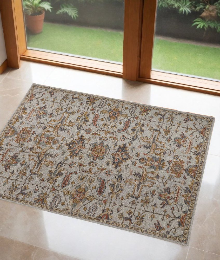 10' X 14' Ivory And Gray Wool Floral Tufted Handmade Stain Resistant Area Rug