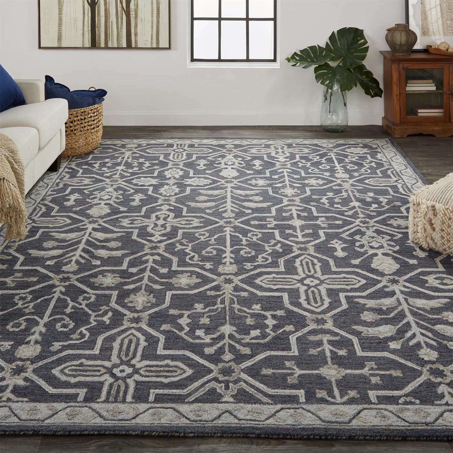 5' X 8' Gray Blue And Ivory Wool Floral Tufted Handmade Stain Resistant Area Rug