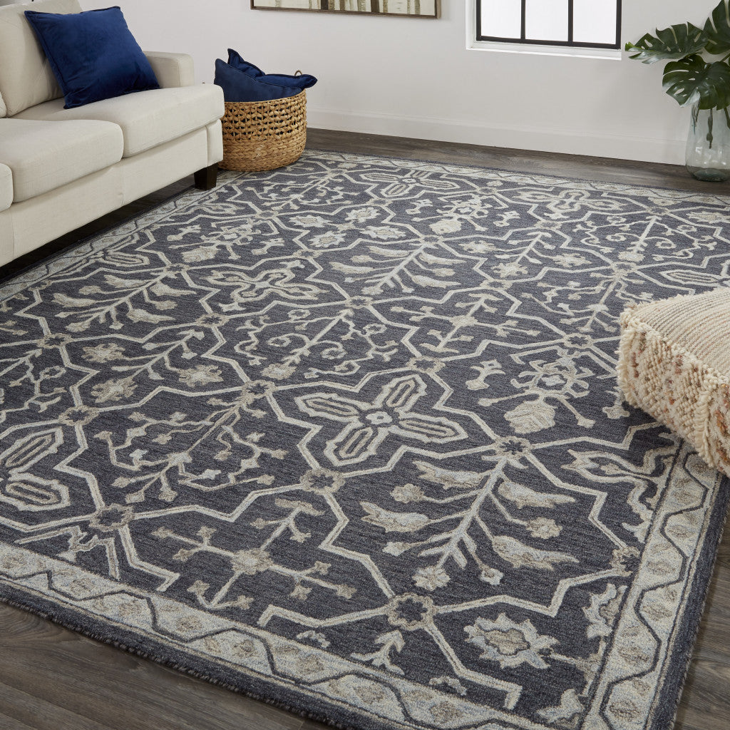 8' X 10' Blue And Gray Wool Floral Tufted Handmade Stain Resistant Area Rug