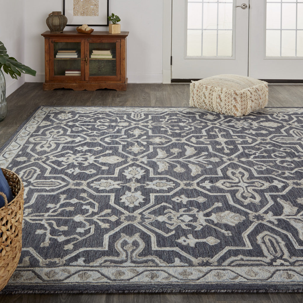 8' X 10' Blue And Gray Wool Floral Tufted Handmade Stain Resistant Area Rug