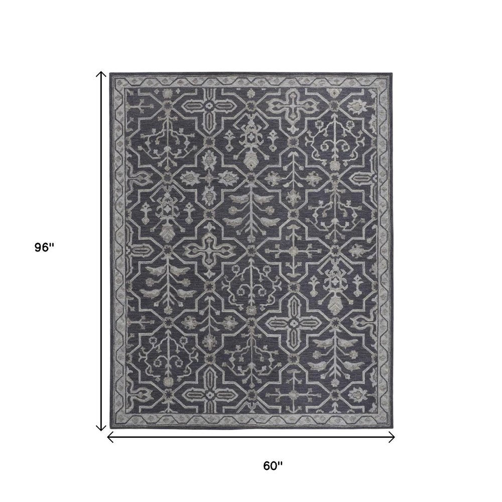 2' X 3' Blue Gray And Charcoal Wool Floral Hand Tufted Area Rug