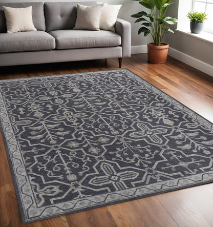 2' X 3' Blue Gray And Charcoal Wool Floral Hand Tufted Area Rug