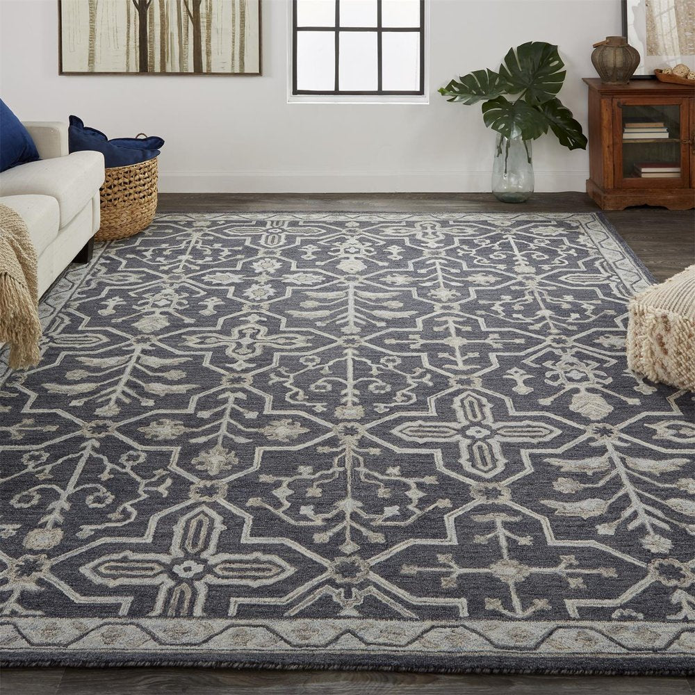 2' X 3' Blue Gray And Charcoal Wool Floral Hand Tufted Area Rug