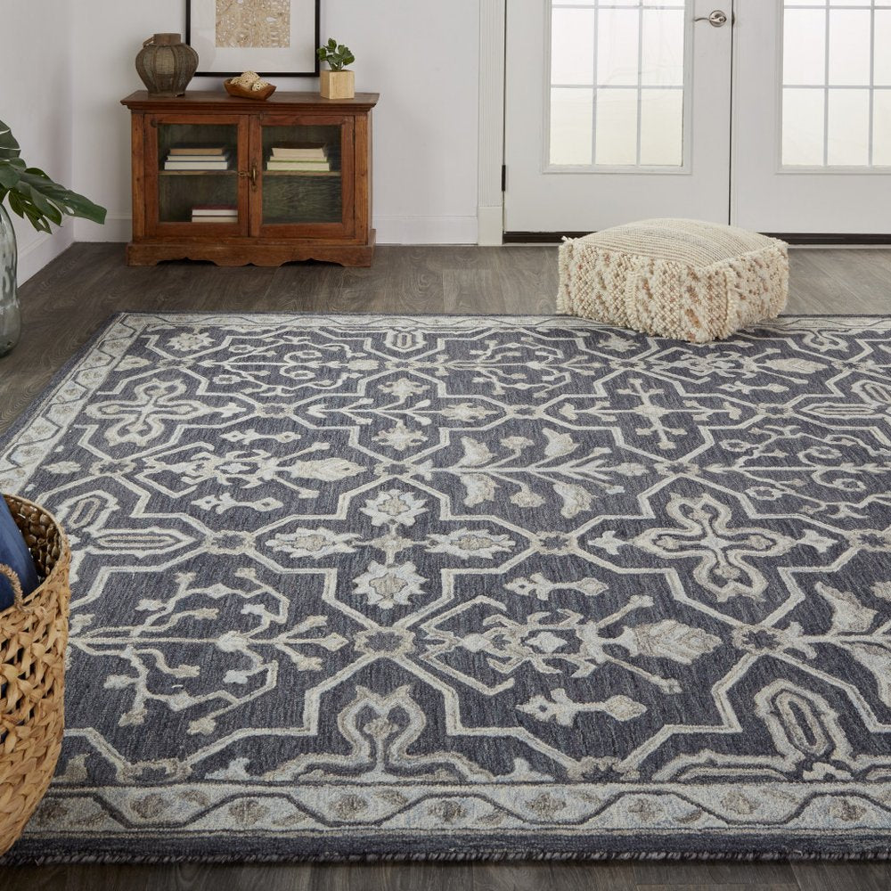 2' X 3' Blue Gray And Charcoal Wool Floral Hand Tufted Area Rug