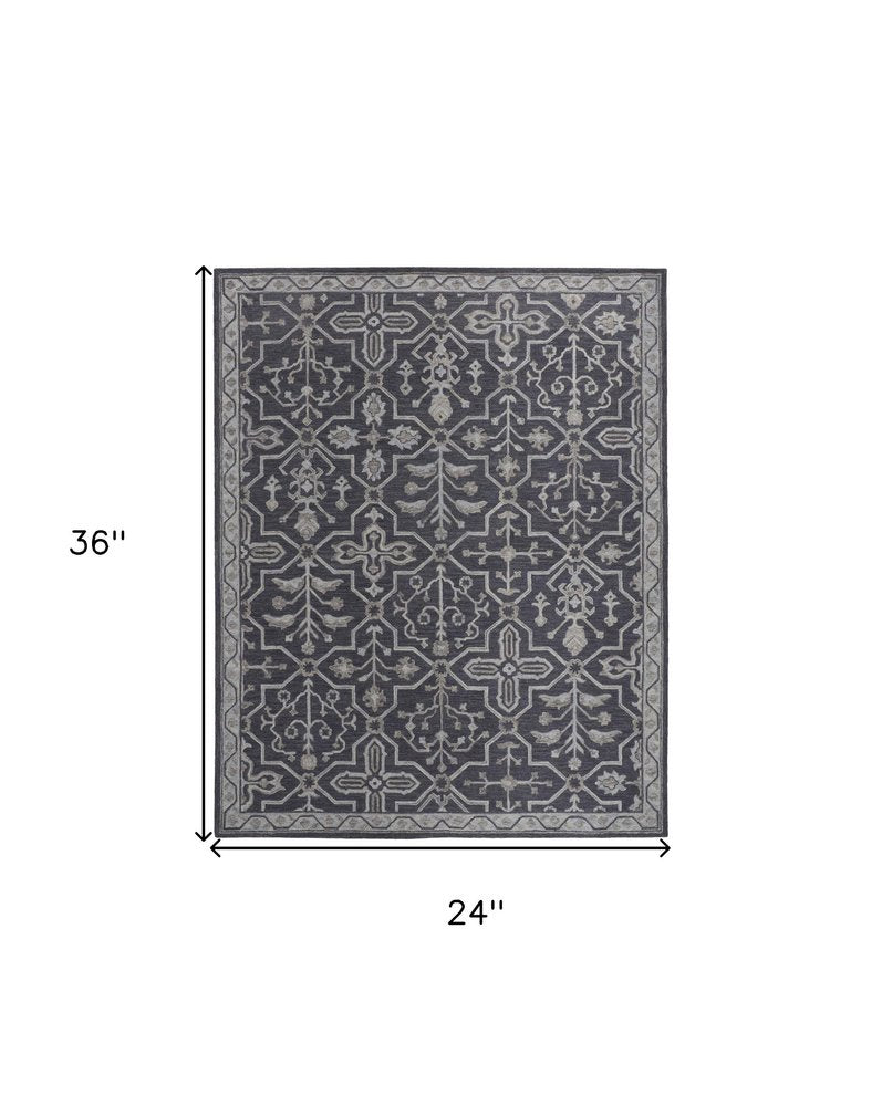 2' X 3' Blue Gray And Charcoal Wool Floral Hand Tufted Area Rug