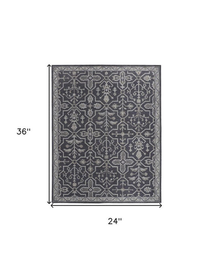2' X 3' Blue Gray And Charcoal Wool Floral Hand Tufted Area Rug
