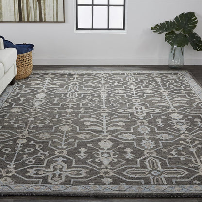 2' X 3' Blue Gray And Charcoal Wool Floral Hand Tufted Area Rug