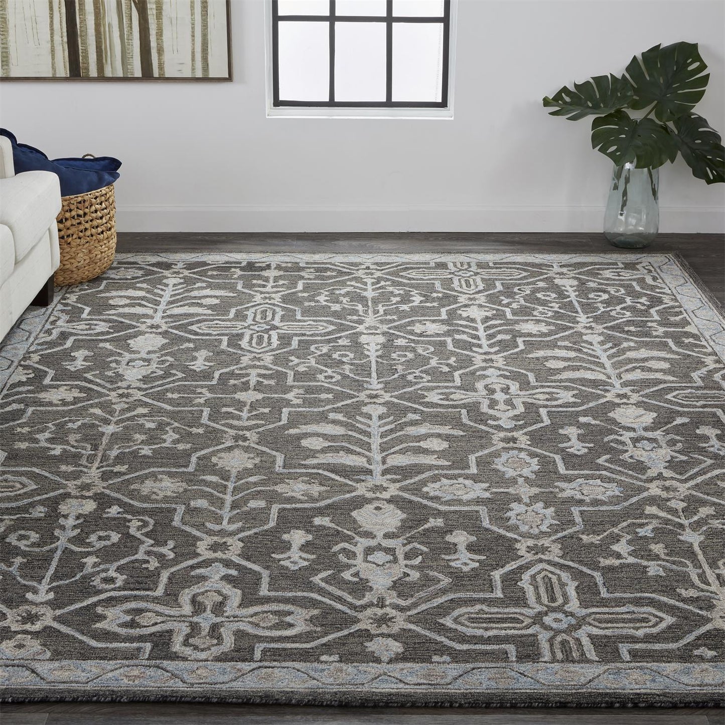 5' X 8' Gray Blue And Ivory Wool Floral Tufted Handmade Stain Resistant Area Rug