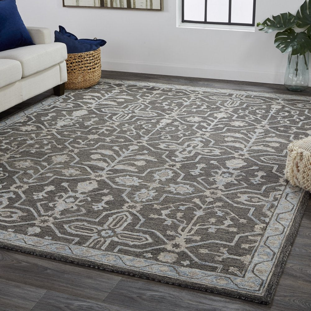 2' X 3' Blue Gray And Charcoal Wool Floral Hand Tufted Area Rug