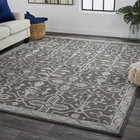 4' X 6' Blue And Gray Wool Floral Tufted Handmade Stain Resistant Area Rug