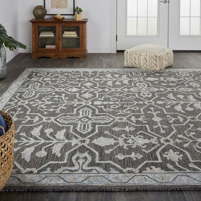 2' X 3' Blue Gray And Charcoal Wool Floral Hand Tufted Area Rug