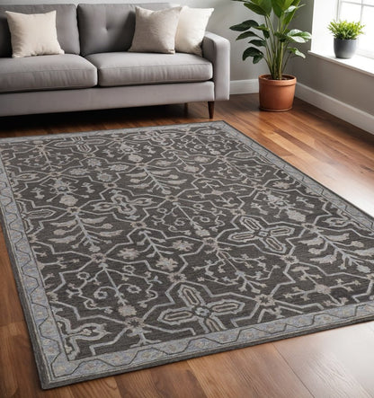 2' X 3' Blue Gray And Charcoal Wool Floral Hand Tufted Area Rug