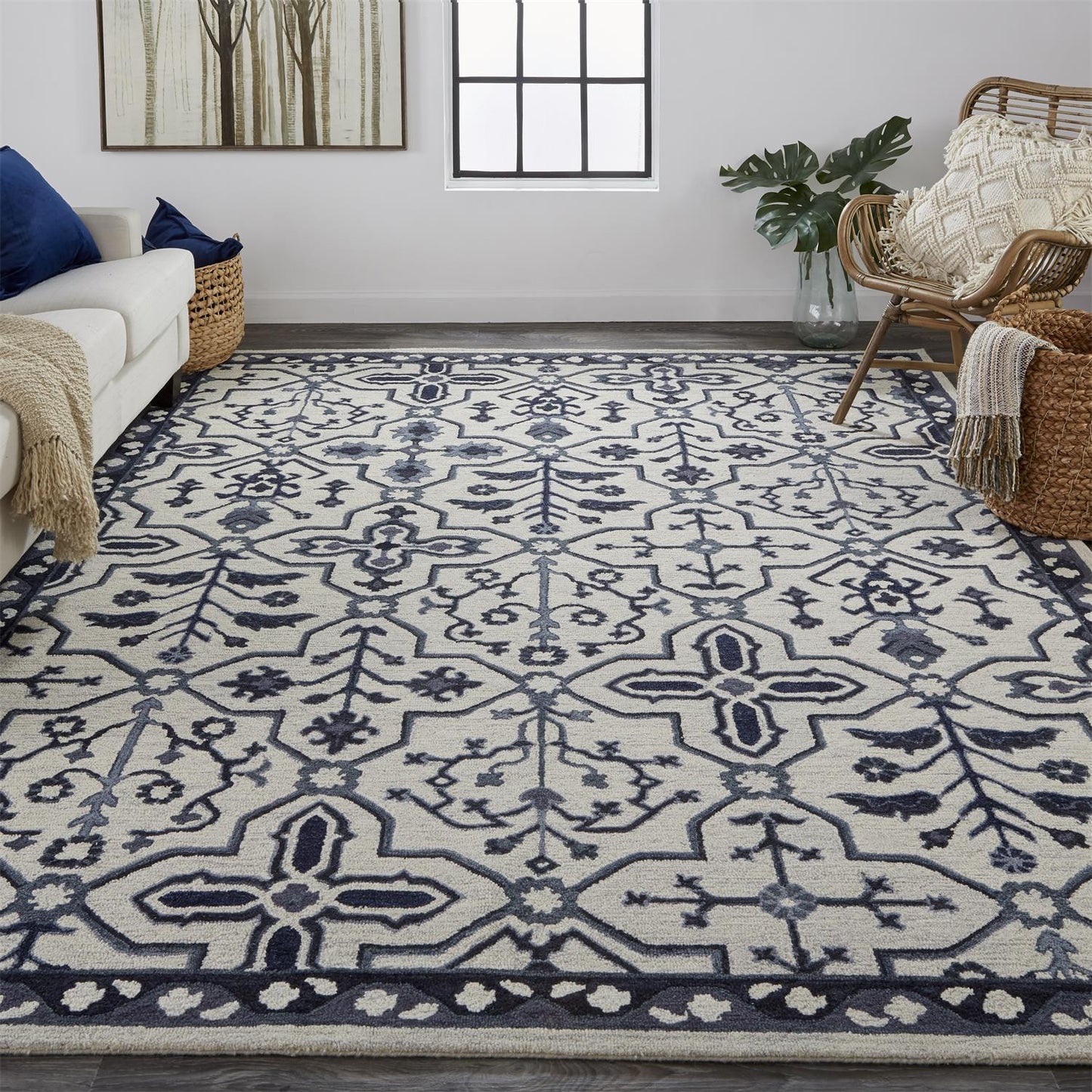 8' X 10' Blue And Gray Wool Floral Tufted Handmade Stain Resistant Area Rug