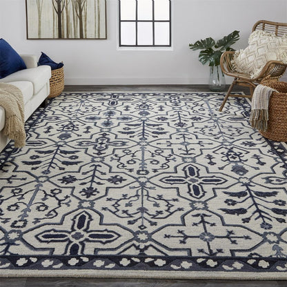 2' X 3' Blue Gray And Charcoal Wool Floral Hand Tufted Area Rug
