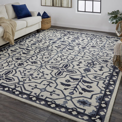 2' X 3' Blue Gray And Charcoal Wool Floral Hand Tufted Area Rug