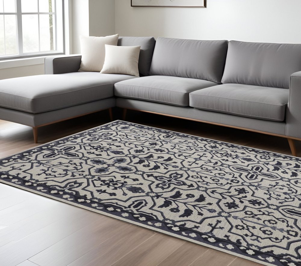 2' X 3' Blue Gray And Charcoal Wool Floral Hand Tufted Area Rug