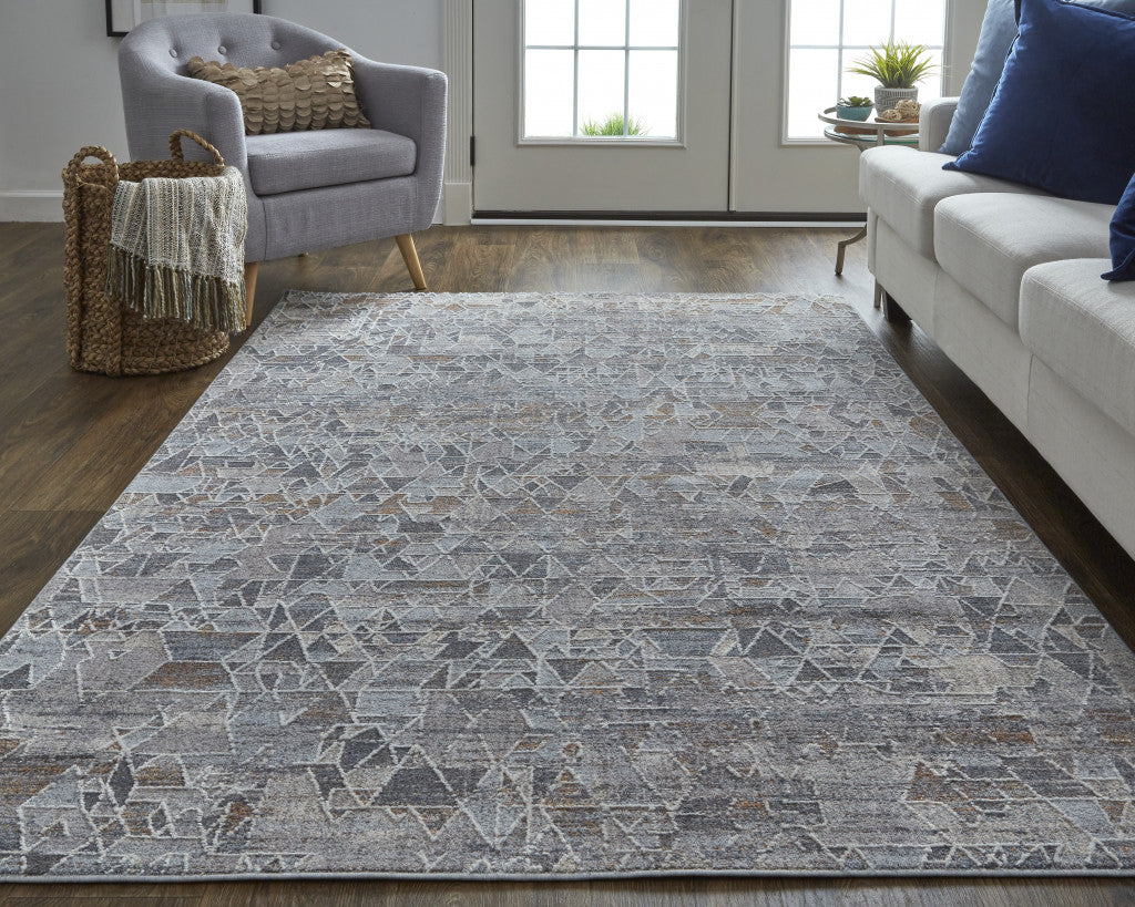 4' X 6' Gray Blue And Orange Abstract Power Loom Distressed Stain Resistant Area Rug