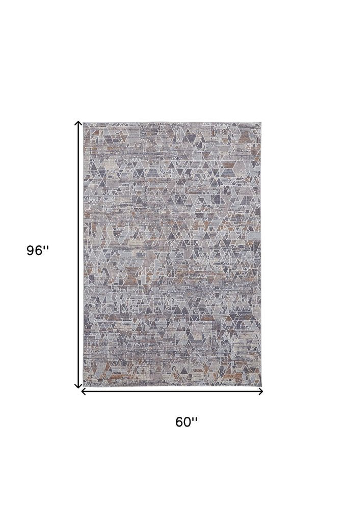 5' X 8' Blue Gray And Orange Abstract Distressed Area Rug