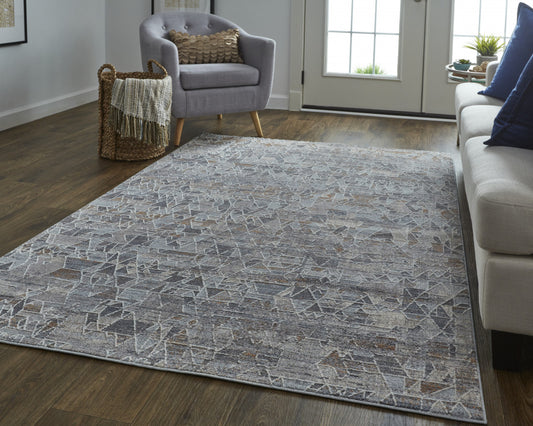 10' X 13' Gray Blue And Orange Abstract Power Loom Distressed Stain Resistant Area Rug