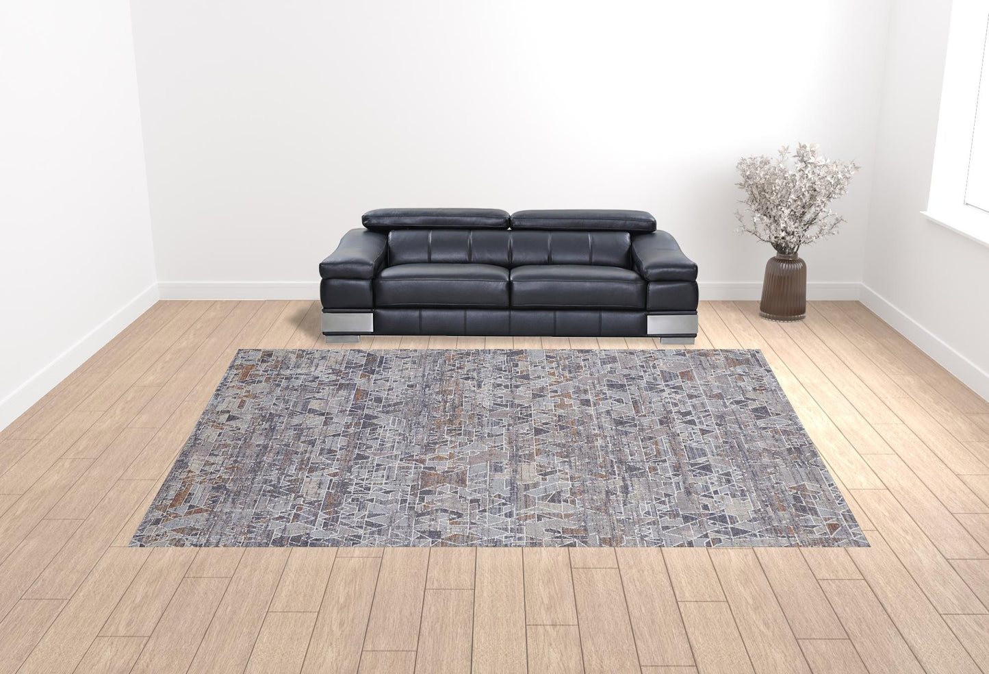 4' X 6' Gray Blue And Orange Abstract Power Loom Distressed Stain Resistant Area Rug