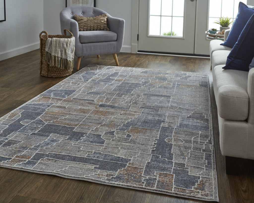 8' X 10' Blue Gray And Orange Geometric Power Loom Stain Resistant Area Rug