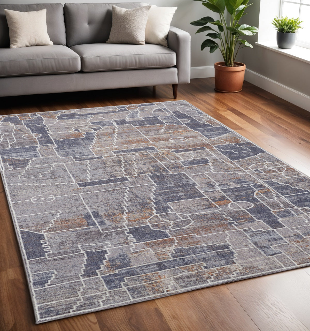 12' X 15' Blue Gray And Orange Geometric Power Loom Stain Resistant Area Rug