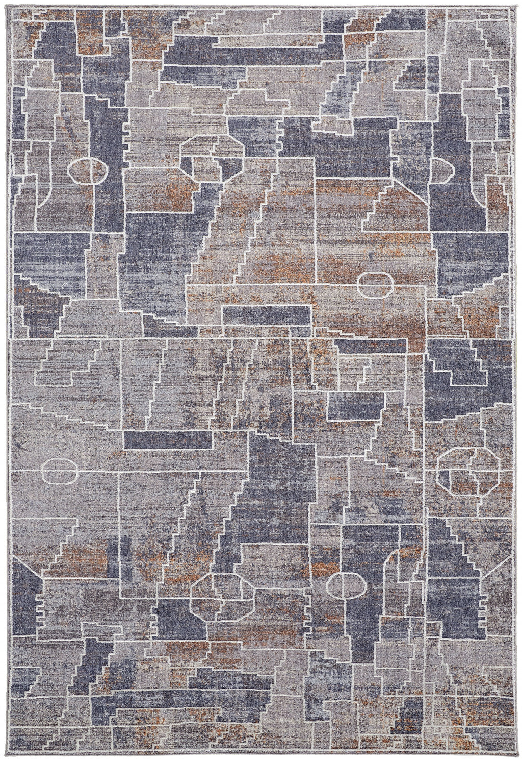 8' X 10' Blue Gray And Orange Geometric Power Loom Stain Resistant Area Rug