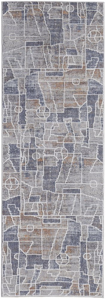 12' X 15' Blue Gray And Orange Geometric Power Loom Stain Resistant Area Rug