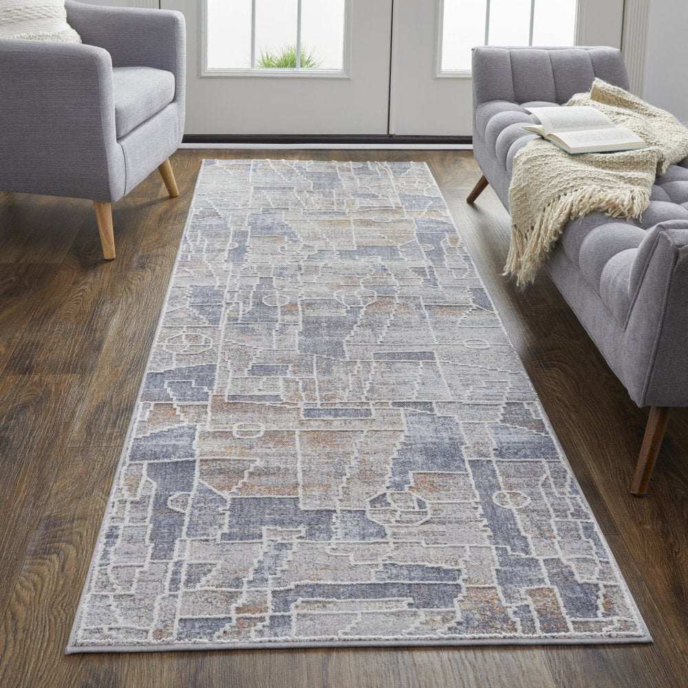 12' X 15' Blue Gray And Orange Geometric Power Loom Stain Resistant Area Rug