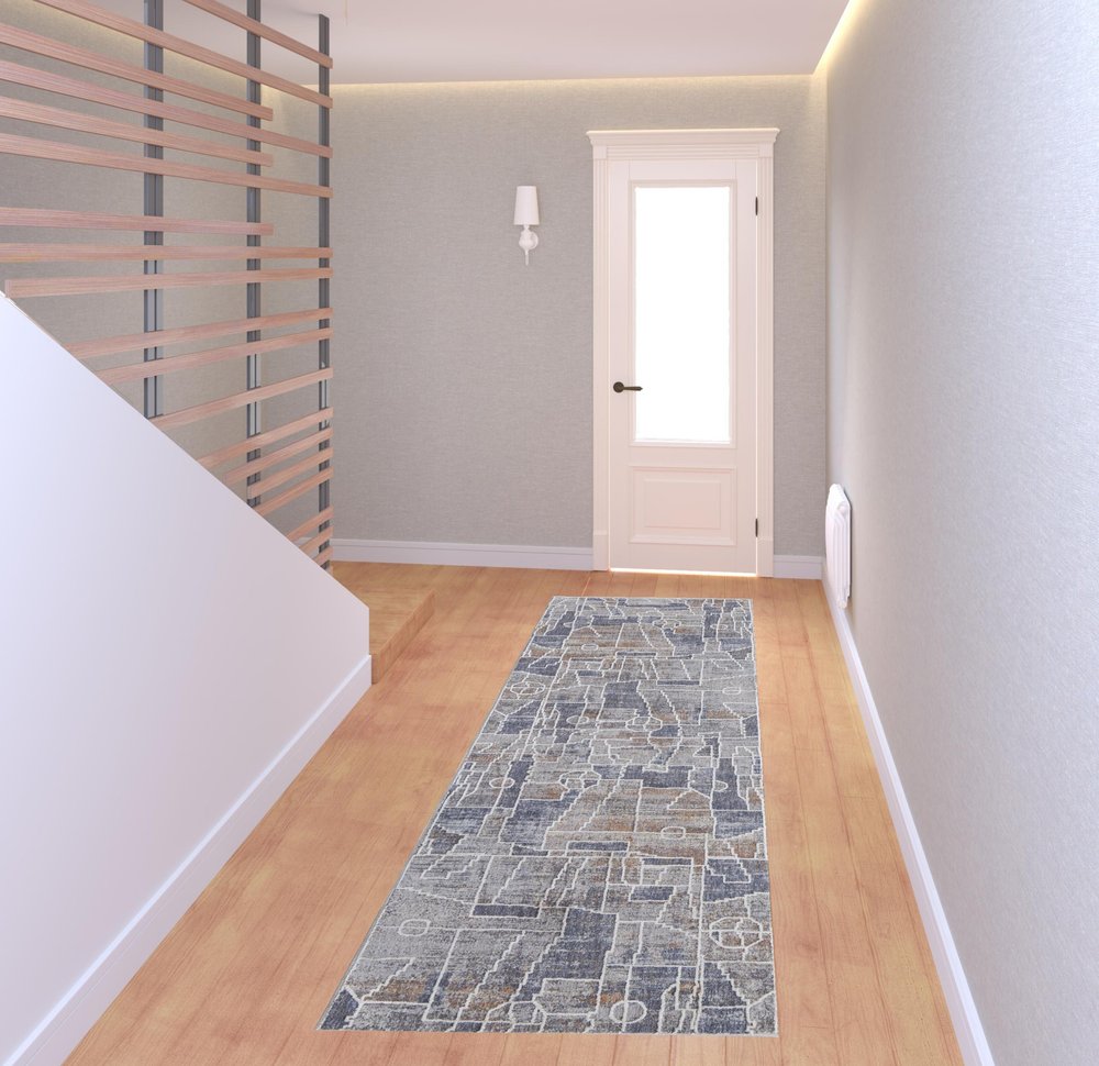 12' X 15' Blue Gray And Orange Geometric Power Loom Stain Resistant Area Rug