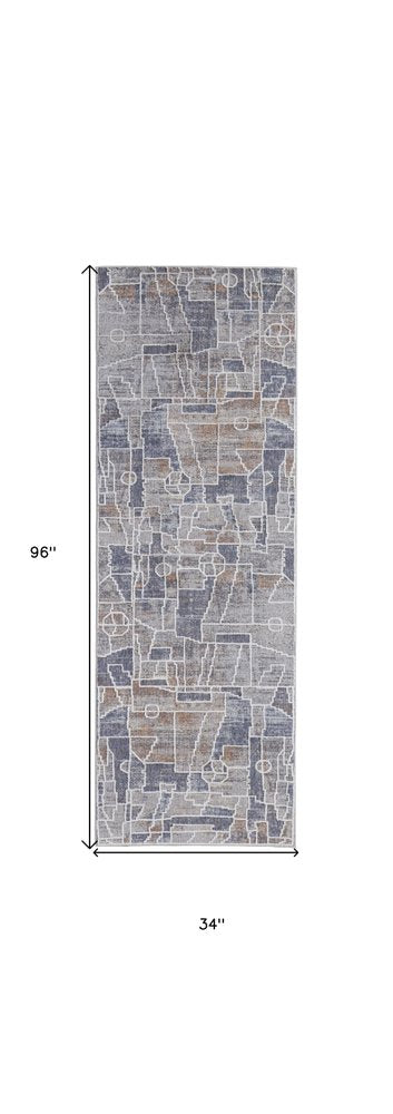 12' X 15' Blue Gray And Orange Geometric Power Loom Stain Resistant Area Rug