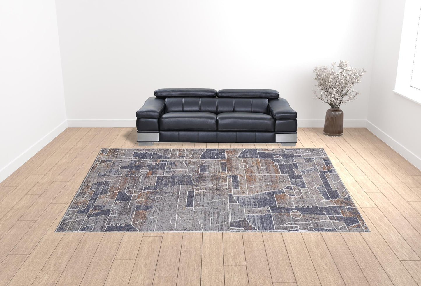 8' X 10' Blue Gray And Orange Geometric Power Loom Stain Resistant Area Rug