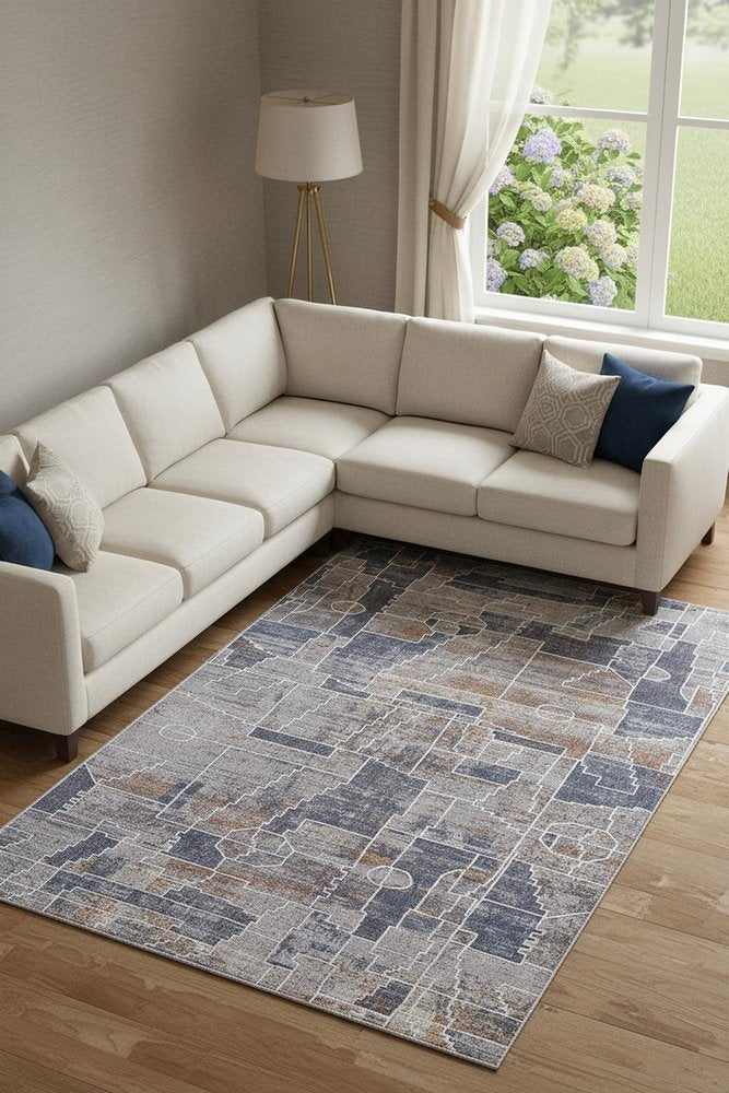 12' X 15' Blue Gray And Orange Geometric Power Loom Stain Resistant Area Rug
