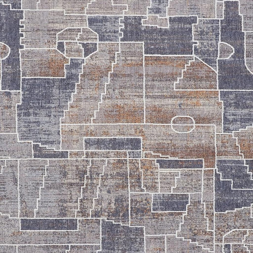 12' X 15' Blue Gray And Orange Geometric Power Loom Stain Resistant Area Rug