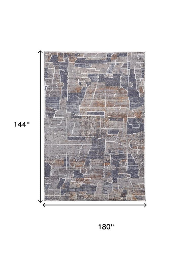 12' X 15' Blue Gray And Orange Geometric Power Loom Stain Resistant Area Rug