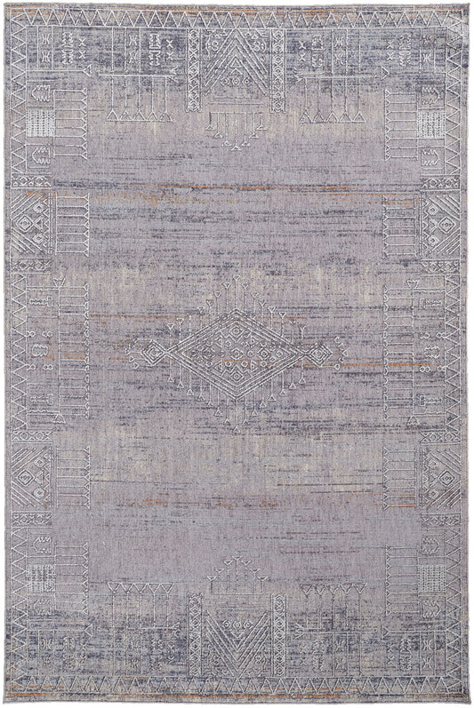 5' X 8' Gray Ivory And Orange Geometric Power Loom Distressed Stain Resistant Area Rug