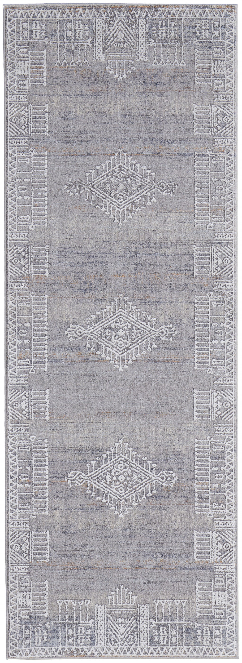 8' Gray Ivory And Orange Geometric Power Loom Distressed Stain Resistant Runner Rug