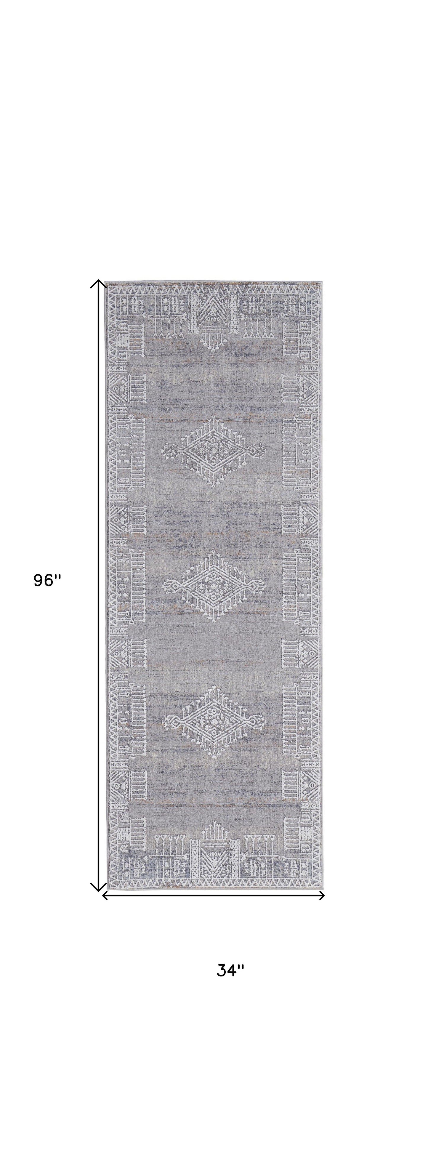 8' Gray Ivory And Orange Geometric Power Loom Distressed Stain Resistant Runner Rug