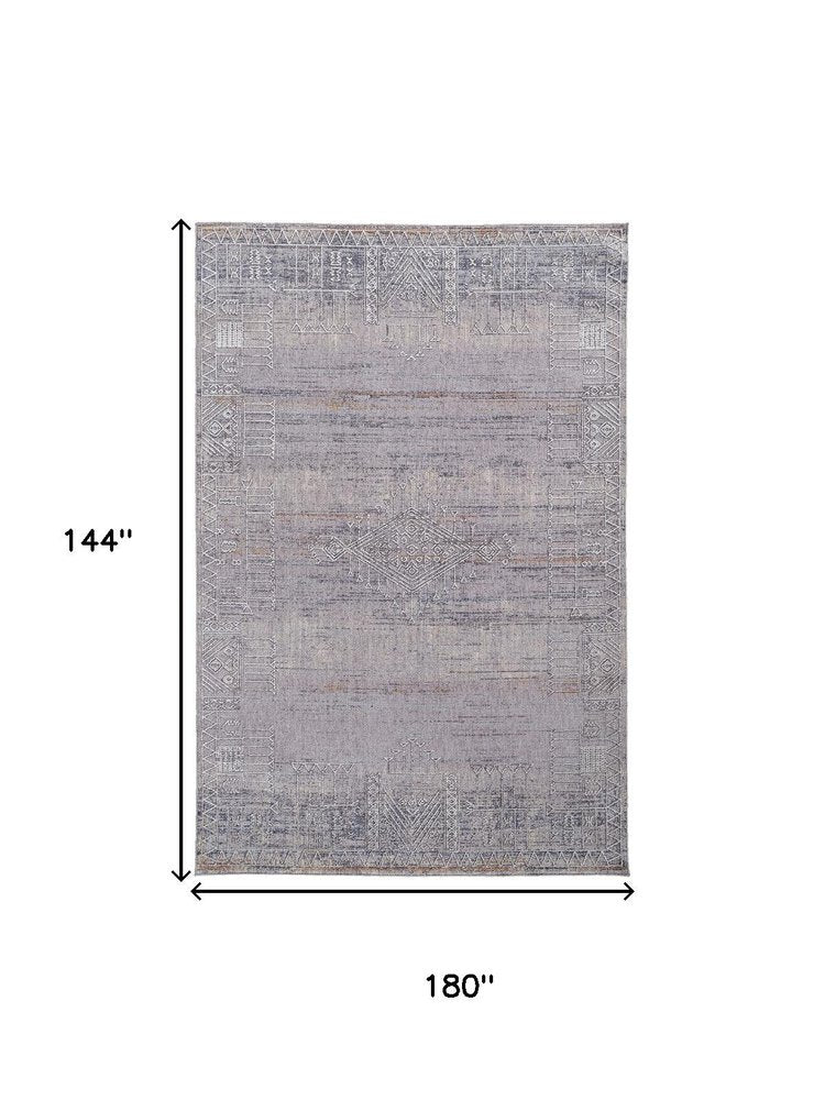 12' X 15' Gray Ivory And Orange Geometric Power Loom Distressed Stain Resistant Area Rug