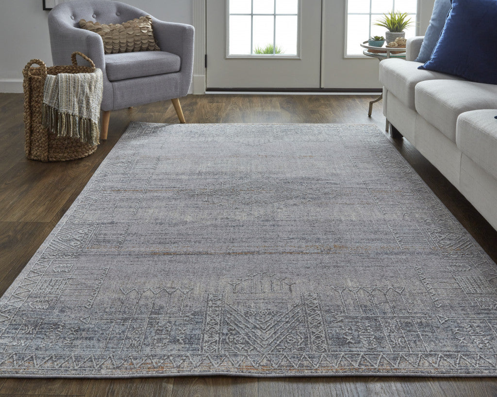 8' Gray Ivory And Orange Geometric Power Loom Distressed Stain Resistant Runner Rug