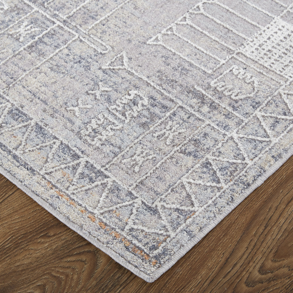 8' Gray Ivory And Orange Geometric Power Loom Distressed Stain Resistant Runner Rug