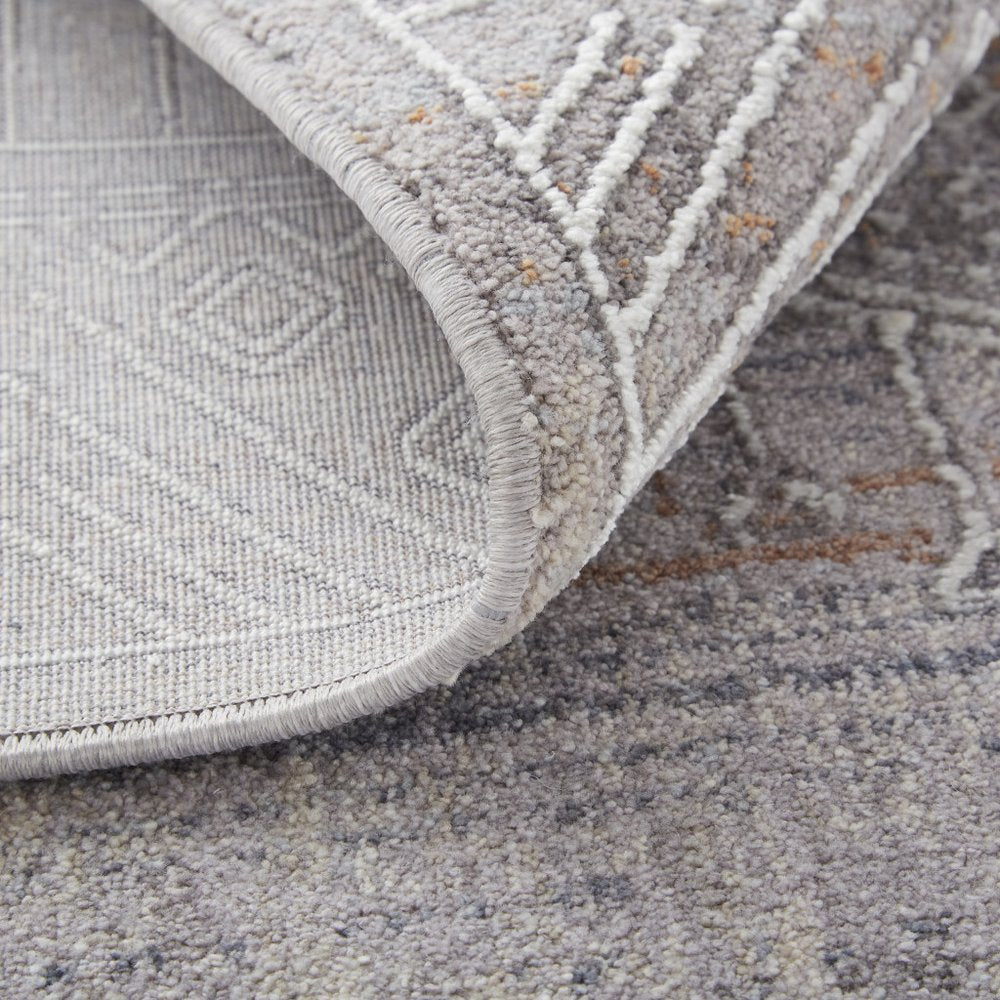 12' X 15' Gray Ivory And Orange Geometric Power Loom Distressed Stain Resistant Area Rug