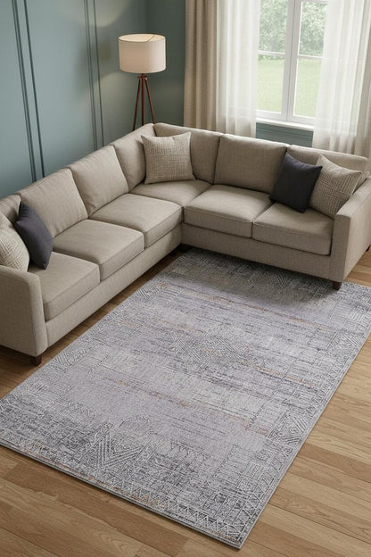 12' X 15' Gray Ivory And Orange Geometric Power Loom Distressed Stain Resistant Area Rug