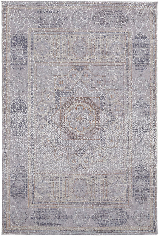 12' X 15' Gray And Ivory Floral Power Loom Distressed Stain Resistant Area Rug