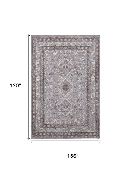 10' X 13' Gray Orange And Ivory Floral Power Loom Stain Resistant Area Rug