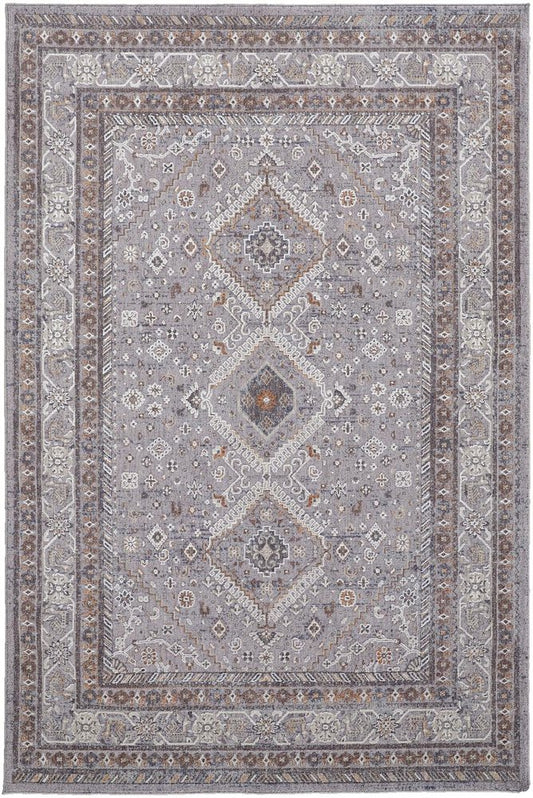 10' X 13' Gray Orange And Ivory Floral Power Loom Stain Resistant Area Rug