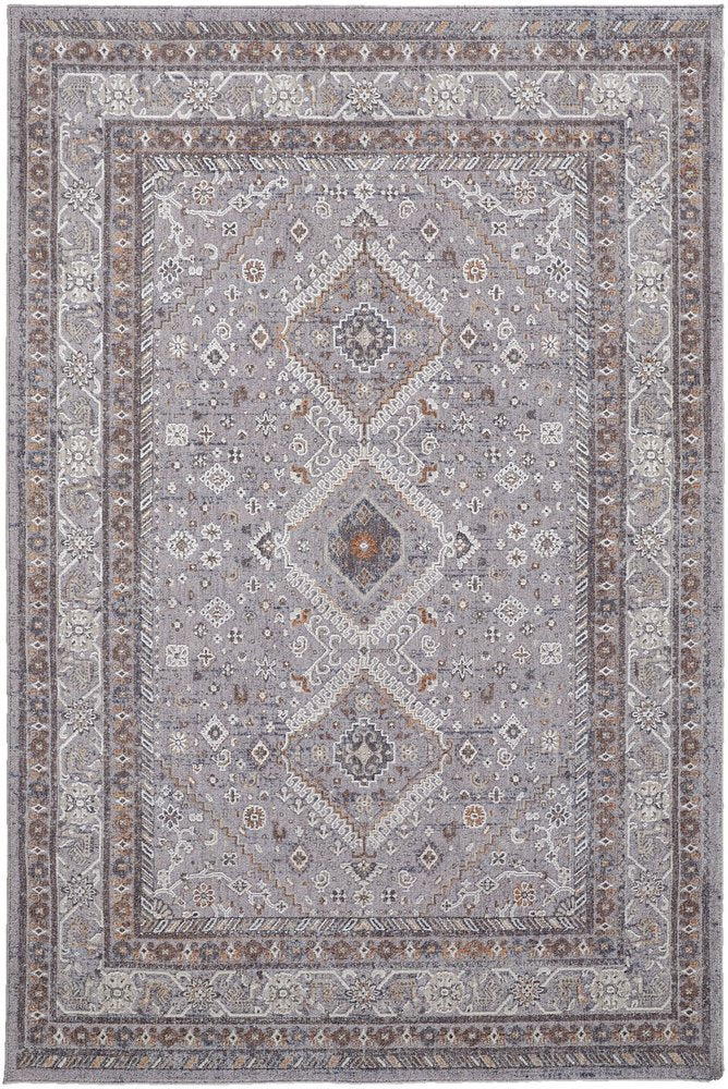 10' X 13' Gray Orange And Ivory Floral Power Loom Stain Resistant Area Rug