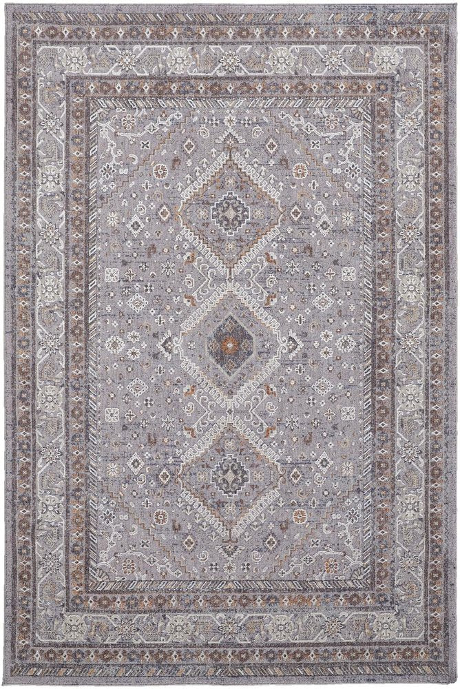 10' X 13' Gray Orange And Ivory Floral Power Loom Stain Resistant Area Rug