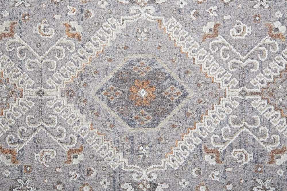 10' X 13' Gray Orange And Ivory Floral Power Loom Stain Resistant Area Rug