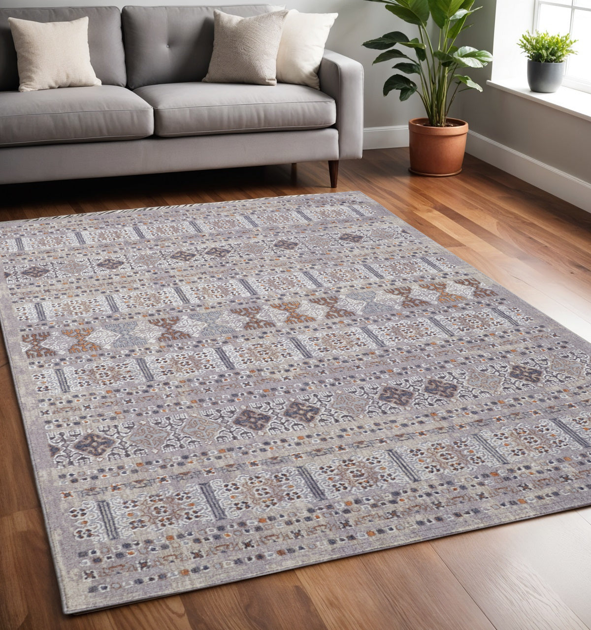 12' X 15' Orange Gray And White Geometric Power Loom Distressed Stain Resistant Area Rug